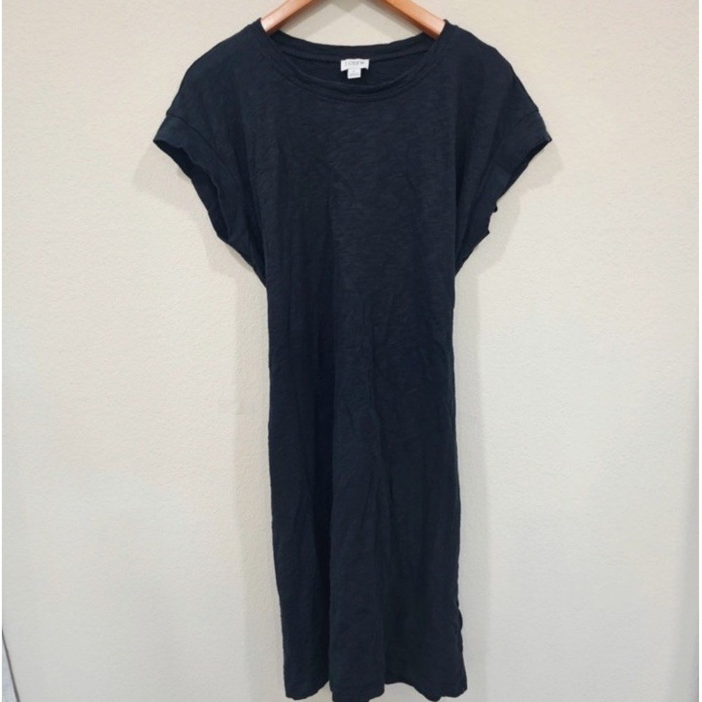 J.Crew Black Tie Waist Shift Dress‎ L Slub Knit Cap Sleeve Mini Dress